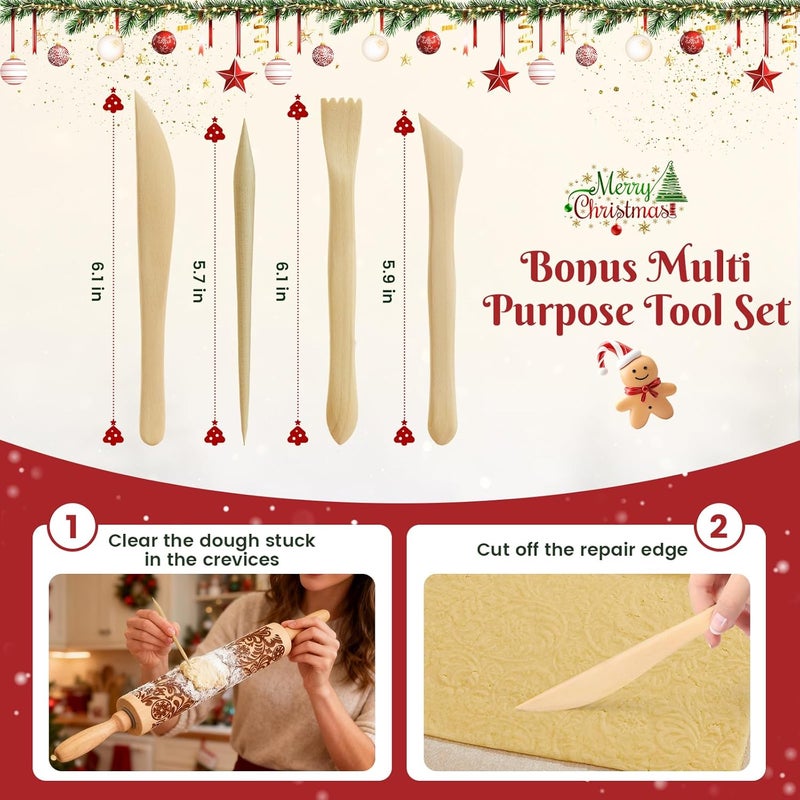 GOBAM Embossed Rolling Pin for Cookies, Engraved Wooden Rolling Pin for Baking, Deep Pattern Cookie Roller for Christmas, Holiday, DIY Kitchen Decor and Gift - Snowflake - Image 5